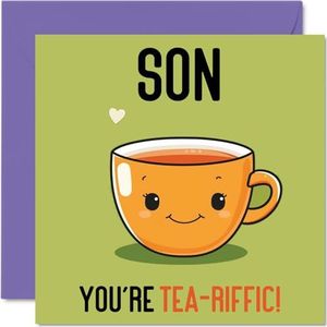 Verjaardagskaarten voor zoon - Tea-riffic - Grappige gelukkige verjaardagskaart voor zoon van mama papa, zoon verjaardagscadeaus, 145 mm x 145 mm grap wenskaarten voor mannen hem