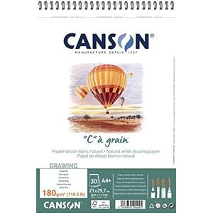 Canson 400060604 ""C"" a grain-licht korrelig tekenpapier, 180 g/m², A4+, 30 vellen per blok ""Spiraal aan de korte zijde"", 210 x 322 mm, wit
