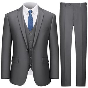 LUPURTY Pakken voor heren, 3-delig herenpak, slim fit, effen jas, vest broek met stropdas, smokingsset met één knop, Grijs, XS