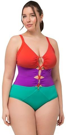 Ulla Popken, Dames grote maten, badpak Lisa, Colourblock, groen, 42