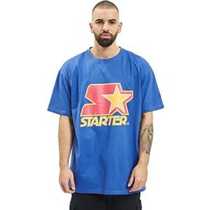 STARTER BLACK LABEL Heren T-shirt met voor- en mouwprint, logopatch op de zoom, sportieve ronde hals, driekleurige print, vele kleuren, maat XS tot XXL, blauw/rood/geel, M