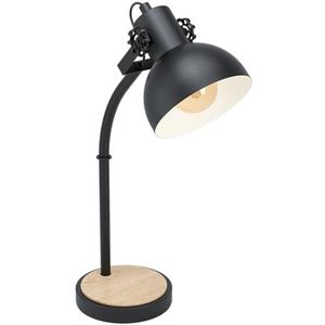 EGLO Lubenham tafellamp, vintage leeslamp in industrieel ontwerp, retro nachtlampje van staal en hout, kleur zwart, bruin, FSC-gecertificeerd, E27 fitting, incl. schakelaar