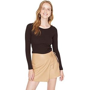 Trendyol Dames Regular Basic Crew Neck Gebreide Blouse, Bruin/Zwart, S