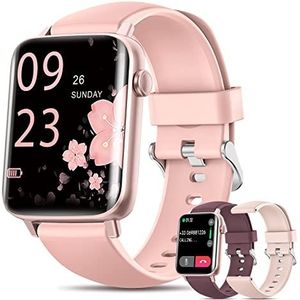 XINGHESF Smartwatch voor dames met telefoonfunctie, 2022, 1,7 inch HD smartwatch met 3 armbanden, fitnesshorloge met IP68/hartslag-/slaapmonitor/menstruatiecyclus/SpO2/calorieën, sporthorloge voor Android iOS roze