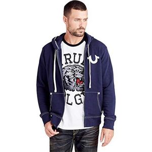 True Religion Men's Classic Logo Long Sleeve Zip Up Hoodie, True Navy, Medium