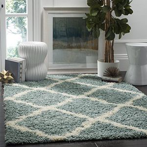 SAFAVIEH Shaggy tapijt voor woonkamer, eetkamer, slaapkamer - Dallas Shag Collection, hoge pool, lichtblauw en ivoor, 122 x 183 cm