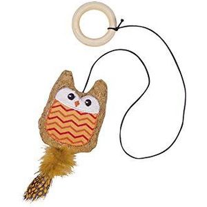 Nobby Kurk uil met Catnip, met houten ring oranje band met speelgoed 55 cm