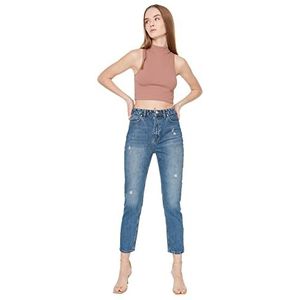 Trendyol Blue Fraying gedetailleerde jeans met hoge taille, mama, voor dames, Blauw, 38 NL