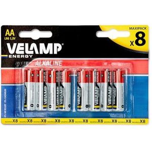 Velamp LR6/8BP blister met 8 alkaline-batterijen LR6 AA, 1,5 V, rood