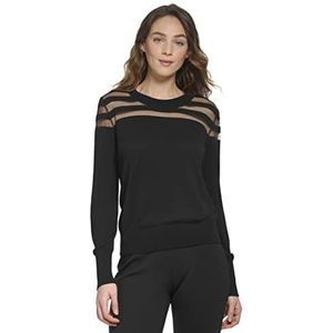 DKNY Dames Crewneck Sheer Mesh Yoke Stripe Pullover Sweater Sweater, zwart, S