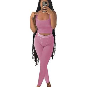 AYWA casual workout sets tweedelige outfits voor vrouwen geribbelde crop tank top hoge taille leggings sportkleding, roze, S