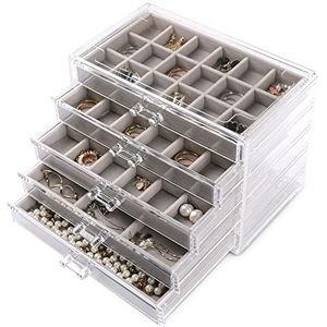 Acryl - Sieraden Organizer - Grijs - Box met 5 Lades - Stapelbare Oorbelhouder voor Ringen en Armbanden