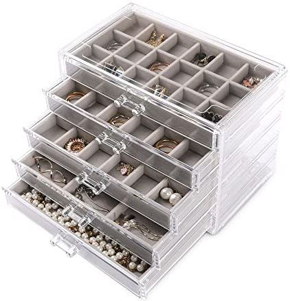 Acryl - Sieraden Organizer - Grijs - Box met 5 Lades - Stapelbare Oorbelhouder voor Ringen en Armbanden