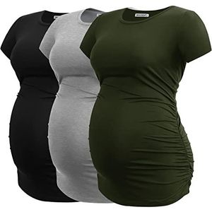 Smallshow Zwangerschapskleding Tops Kant Ruches Zwangerschap Kleding voor Vrouwen 3-Pack, Zwart/Lichtgrijs/Legergroen, L