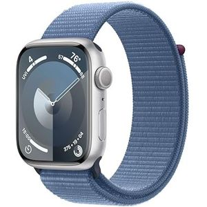 Apple Watch Series 9 (GPS 45 mm) Smartwatch - Kast van zilver aluminium - Winterblauw geweven sportbandje. Conditie bijhouden, Saturatie-app en Ecg-app, Always-on Retina-display, CO₂- neutraal