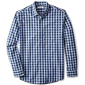 Amazon Essentials Men's Casual poplin overhemd met normale pasvorm en lange mouwen, Blauw Grijs Plaid, L