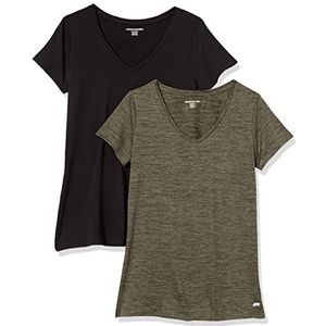 Amazon Essentials Dames Tech Stretch T-shirt met korte mouwen en V-hals (verkrijgbaar in grote maten), 2-Pack, Olijfgroen Ruimteverf/Zwart, XS