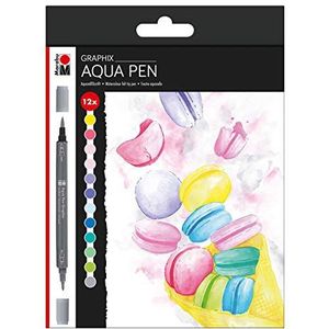 Marabu Aqua Pen Graphix, Ice Baby, 014500000105, aquarelviltstiften in set met 12 kleuren, briljante kleuren, inkt op waterbasis, met dubbele punt, aquarelbaar op aquarelpapier, kleurrijk, één maat