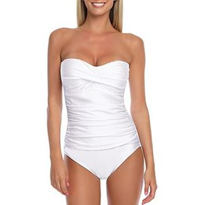 RELLECIGA Women's Tummy Control One Piece Swimsuit Bandeau Strapless Ruched Bathing Suits(White,Large)
