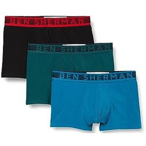 Ben Sherman Superzachte boxershorts voor heren, zwart, groen/blauw, katoen, met contrasterende elastische band, multipack van 3 stuks, Zwart/Groen/Blauw, S