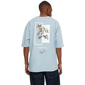 Trendyol Heren Blauwe mannelijke oversized ronde kraag bedrukt korte mouwen T-shirt T-shirt, blauw, klein