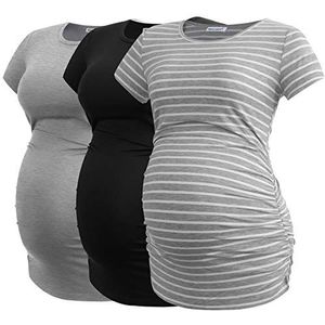 Smallshow Zwangerschapskleding Tops Kant Ruches Zwangerschap Kleding voor Vrouwen 3-Pack, Zwart/Lichtgrijs/Grijze Streep, L