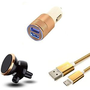 Autolader voor Samsung Galaxy A10 (Micro-USB-lader + dubbele adapter voor sigarettenaansteker + magnetische houder, goudkleurig