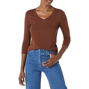 Amazon Essentials Women's T-shirt met driekwartmouwen en V-hals in klassieke pasvorm (verkrijgbaar in grote maten), Donkerbruin, XL