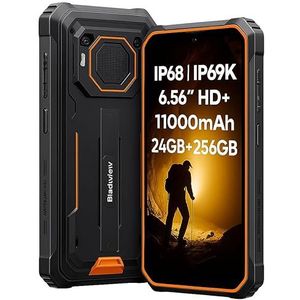 Blackview BV6200 Plus Téléphone Incassable, 24GB+256GB, Batterie 11000mAh, Haut-Parleur Ultra-Fort 3W 98dB, 16MP+13MP, 6,56'' HD+, Android 14 Dual SIM IP68 Étanche Smartphone Débloqué, NFC Orange