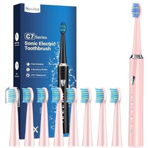 Sonic elektrische tandenborstel voor volwassenen en kinderen, oplaadbare sonische tandenborstel met 8 opzetborstels, 5 reinigingsmodi
