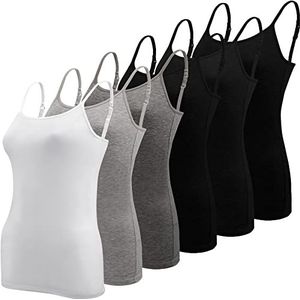BQTQ 6 stuks basic hemdje met verstelbare bandjes voor dames en meisjes, Zwart, Wit, Grijs, Donkergrijs, M