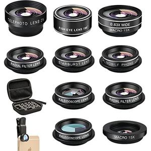 11 in 1 mobiele telefoon camera lens kit groothoek lens & macro lens fisheye lens +telelens CPL/stroom/radiaal/ster/zachte filter+caleidoscoop lens compatibel voor iPhone Samsung Sony en de meeste