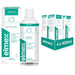 elmex Sensitive Mondspoeling, 4 x 400 ml, mondspoeling voor extra bescherming tegen pijngevoelige tanden en tandhalscaries, voor de dagelijkse tandreiniging zonder alcohol met muntsmaak