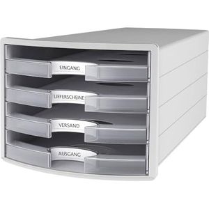 HAN Ladebox IMPULS 2.0 met 4 open laden voor DIN A4/C4 incl. tekstborden, uittrekblokkering, meubelvriendelijke rubberen voeten, premium kwaliteit, 1013-63, lichtgrijs/doorschijnend helder