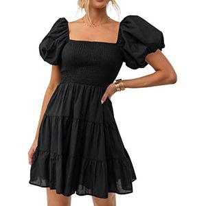 ZESICA Women's Boho 2025 Summer Square Neck Puff Sleeve Off Shoulder Smocked Tiered Casual A Line Short Mini Dress,Black,Small