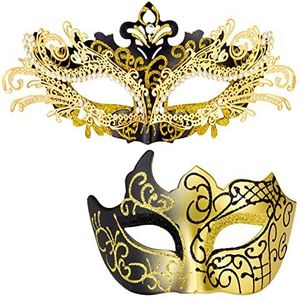 MYSEUNI Gouden maskerademaskers voor koppels - glanzend strass metalen filigraan Venetiaans masker & Venetiaans masker voor heren voor Mardi Gras..