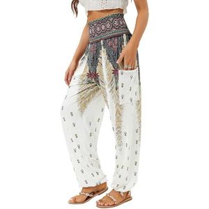 QIANXIZHAN Boho Palazzo Slacks voor dames, Fower Wit, S