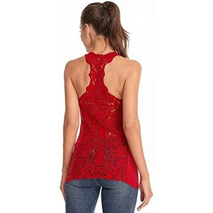 AmélieBoutik Vrouwen Ronde Hals Gehaakte Kant Oogje Racerback Mouwloze Tank Top, Rood, L