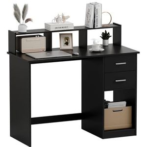 Mondeer Computerbureau met 2 laden en opbergplanken, 105 x 48 x 94 cm, laptop studeertafel voor kleine ruimte thuiskantoor werkstation, zwart