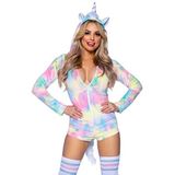 Leg Avenue Comfortabele unicorn, met ultra-zacht fluwelen pluche rits op regenboog tie-dye romper met hoorncapuchon, borstomvang, staart, en magische mini-vleugels.