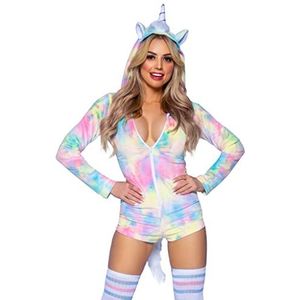 Leg Avenue Comfortabele unicorn, met ultra-zacht fluwelen pluche rits op regenboog tie-dye romper met hoorncapuchon, borstomvang, staart, en magische mini-vleugels.