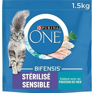 PURINA ONE Bifensis Gevoelige gesteriliseerde kat, zeevisvoer voor volwassen katten, zak van 1,5 kg, 6 stuks