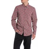 Replay heren overhemd, 010 rood met microbloemen, XL