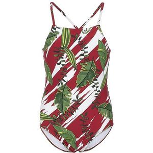 Fashy Meisjes badpak, rood met bladerprint, rood, 176 cm