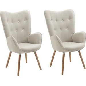 MEUBLE COSY Set van 2 fauteuils voor woonkamer accentstoel met hoge vleugelrug en gewatteerde armleuningen, houten poten, bank voor lezen lounge slaapkamer ingang, beige, metaal, 66x71x106 cm