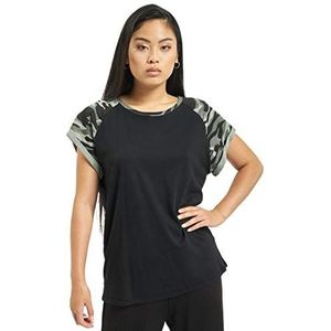 Urban Classics Dames T-shirt basic shirt met contrasterende mouwen voor vrouwen, Ladies Contrast Raglan Tee verkrijgbaar in meer dan 10 kleuren, maten XS - 5XL, zwart/donkercamouflage, S