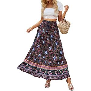 ZESICA Women's 2025 Summer Bohemian Floral Printed Elastic Waist A Line Maxi Skirt with Pockets,Floral Navy,Large