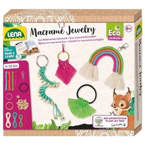 LENA 42839 Eco Macramé Jewelry, knoopset voor kinderen vanaf 8 jaar, knutselset om een sleutelhanger, halsketting, haarelastiek en regenbooghanger, creatieve set sieraden