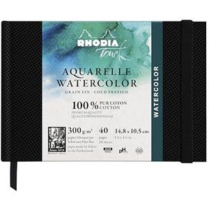 Rhodia 116136C - Rhodia Touch Tekenboek Watercolor Book, fijnkorrelig papier van 100% katoen 300 g, 20 vellen, A6 liggend formaat, ideaal voor aquarel, zwart, 1 stuk