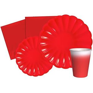 Party Tableware Set Flower Shape for 24 people (112 pcs: 24 plates Ø23cm, 24 plates Ø18cm, 24 cups 200ml, 40 napkins 33x33cm) in eco-friendly compostable paper, red